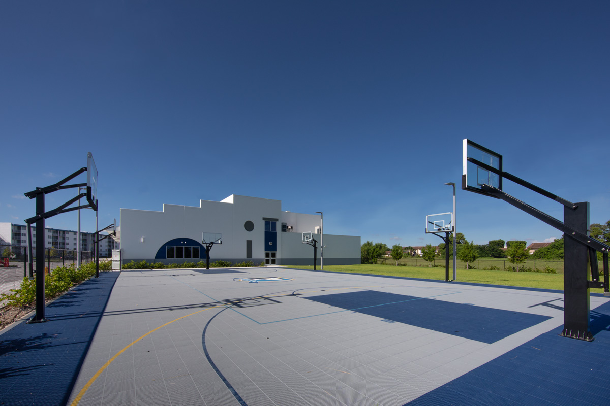 Architectural view of the basketball court at Pinecrest prep charter k-12 school in Miami.